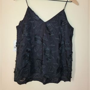 NWT Ophelia Roe black embroidery floral spaghetti strap v neck cami, small